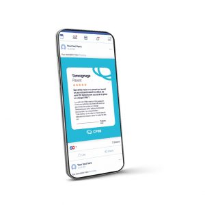 téléphone portable avec un post "témoignage" affiché dessus